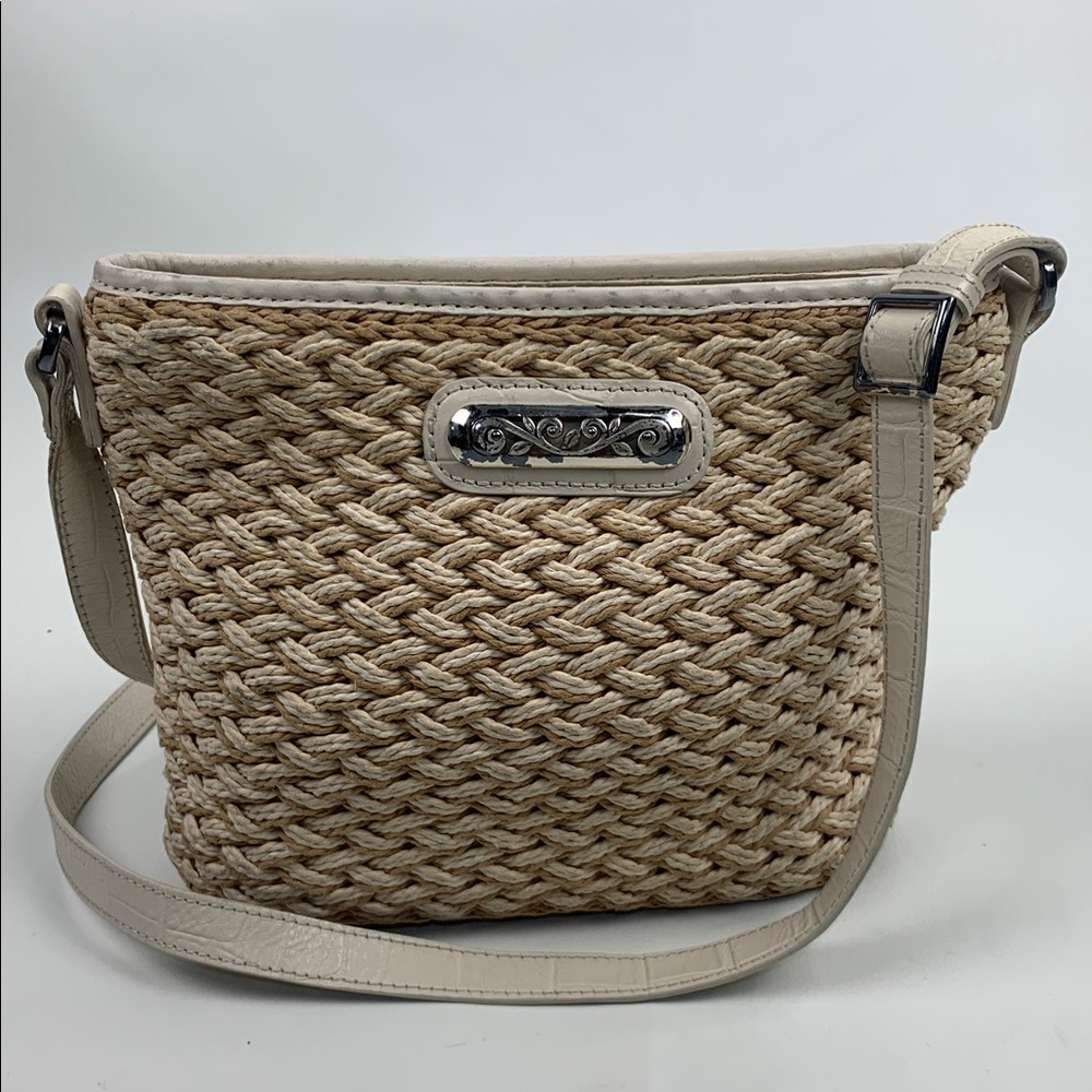 Vintage Brighton Tan Woven Crossbody Bag Zip Close Silver Detail White leather